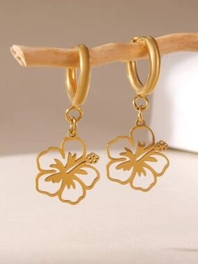 Gold Floral Drop Hoop Earrings - Women Jewelry